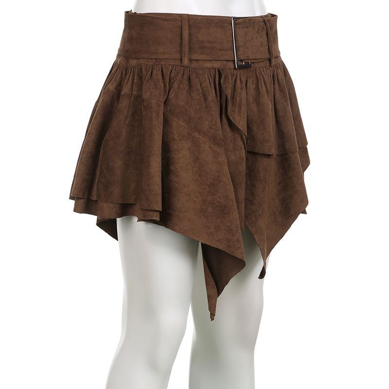 High Rise Belted Asymmetrical Mini A-Line Skirt Product Image