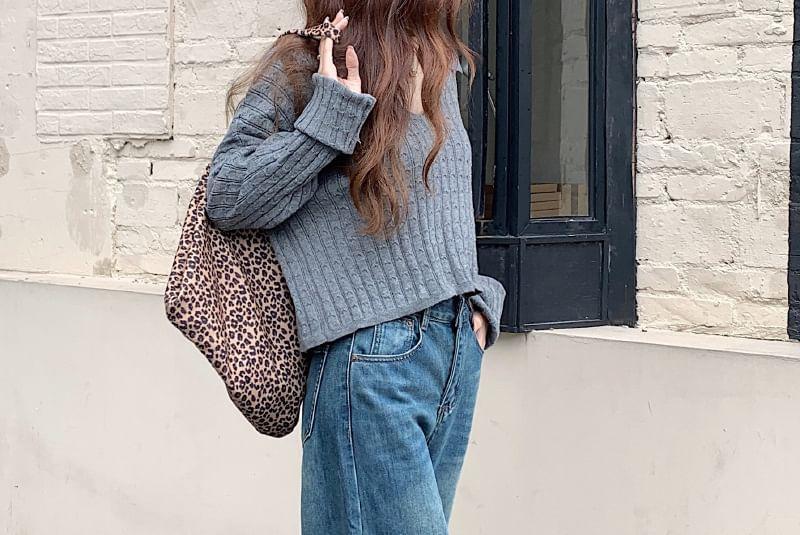 High Waist Leopard Print Panel Fleece-Lined Washed Wide Leg Jeans Product Image