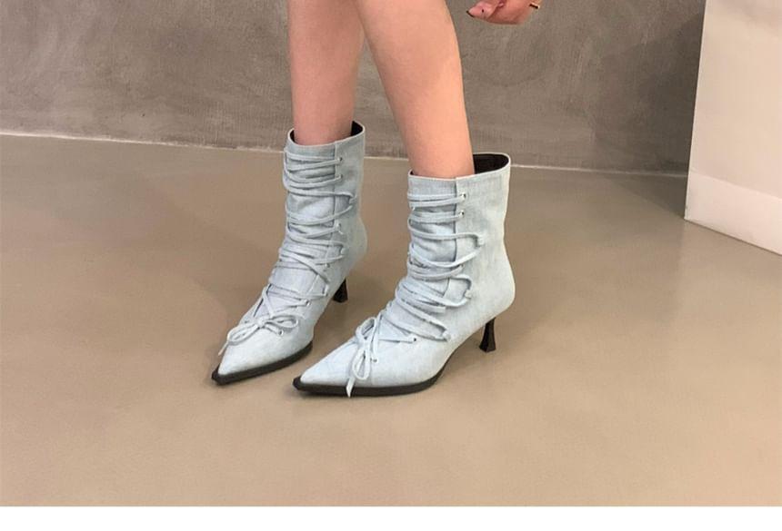 Kitten Heel Pointed Toe Plain Lace-Up Short Boots product image