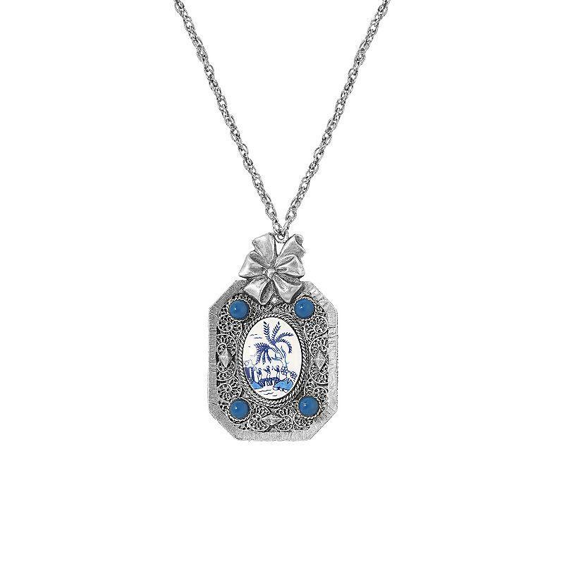 1928 Silver Tone Oval Blue Willow Mirror Necklace, Womens Product Image