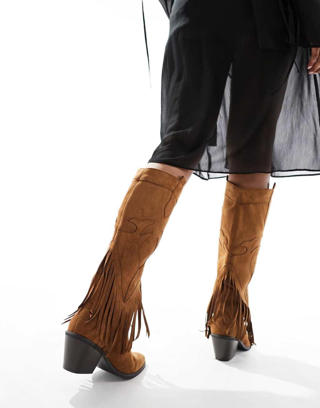 Glamorous knee tassel western boots in chestnut Product Image