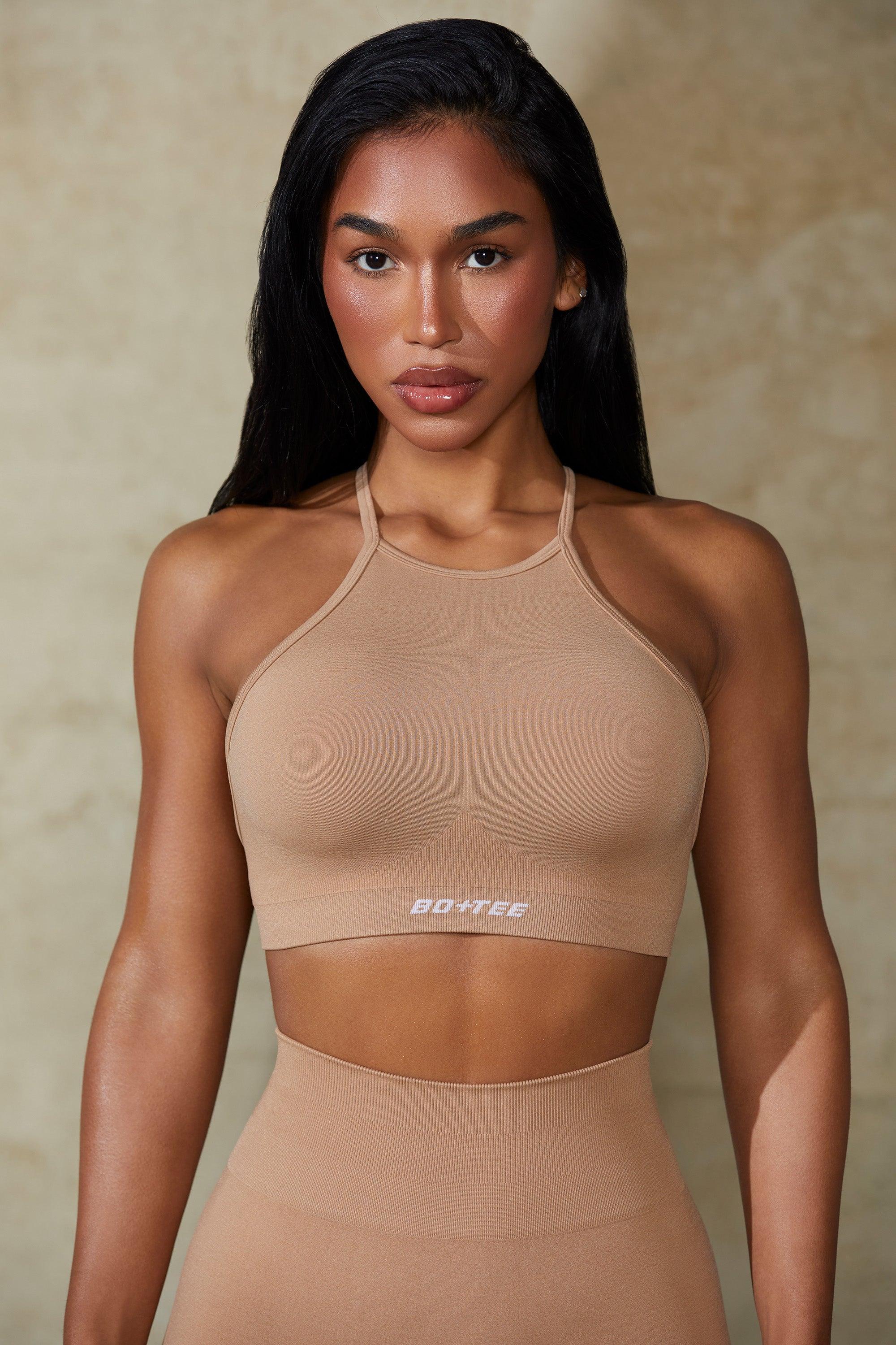 High Neck Open Back Define Luxe Sports Bra in Warm Taupe Female Product Image