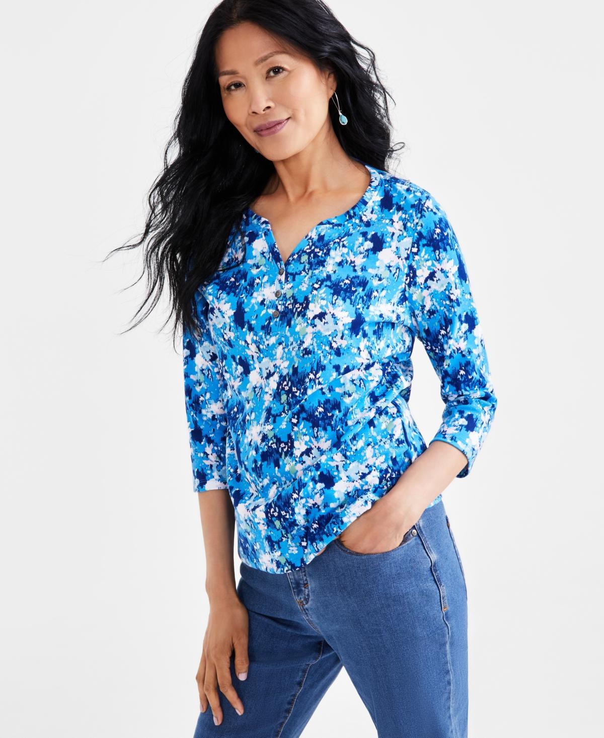 Style & Co Womens Printed 3/4-Sleeve Henley Tee, Created for Macys Product Image