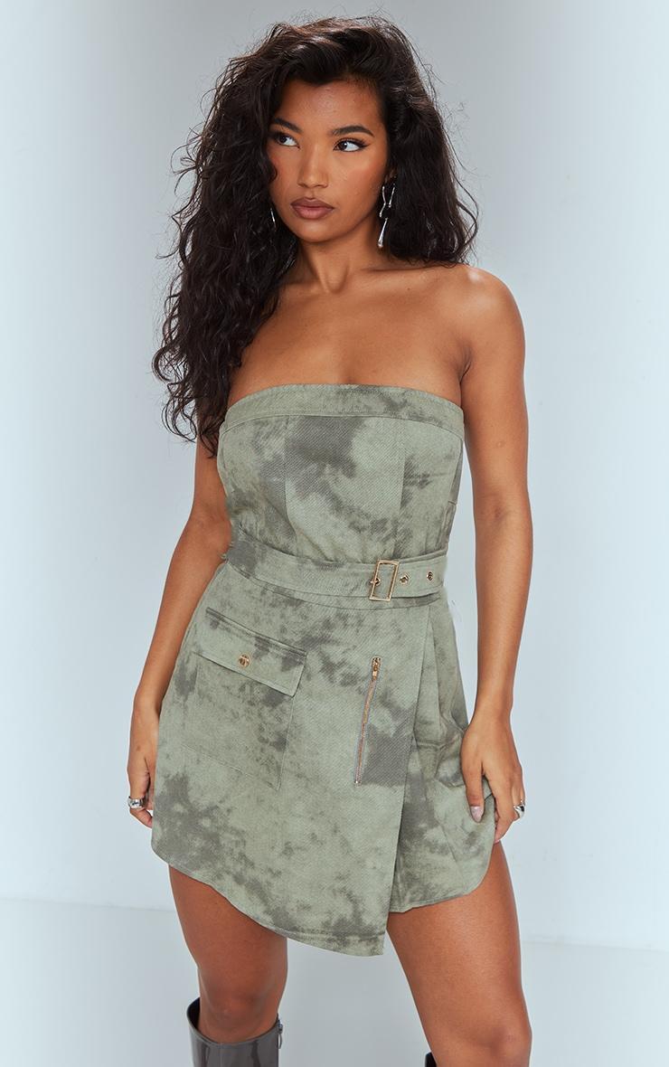 Khaki Washed Cargo Pleated Wrap Belted Bodycon Dress Product Image