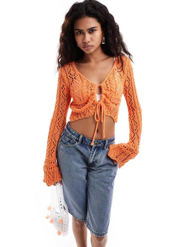 Emory Park crochet key hole cardigan in orange  Product Image