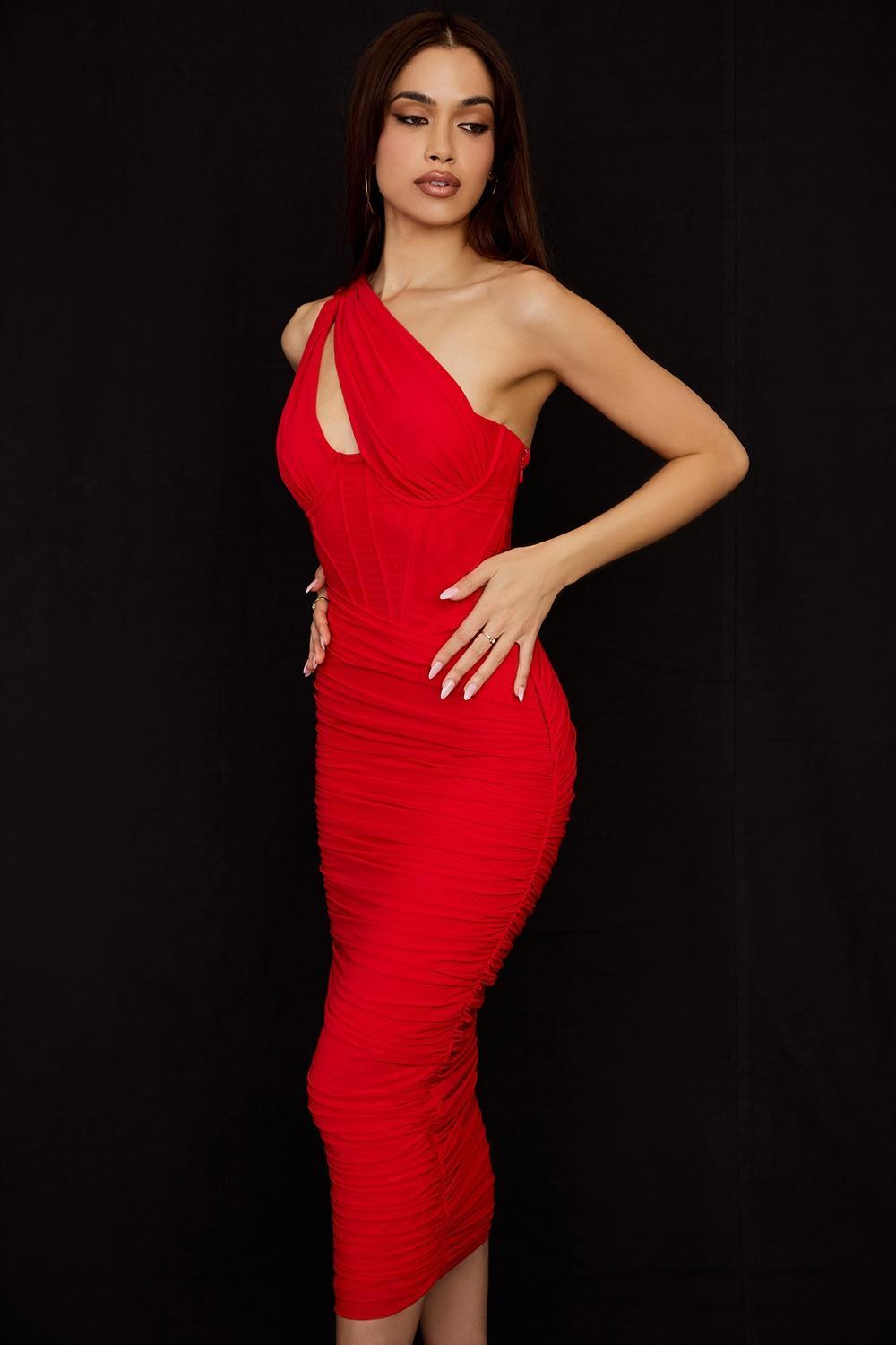 Valentina Scarlet Asymmetric Cutout Midi Dress Product Image