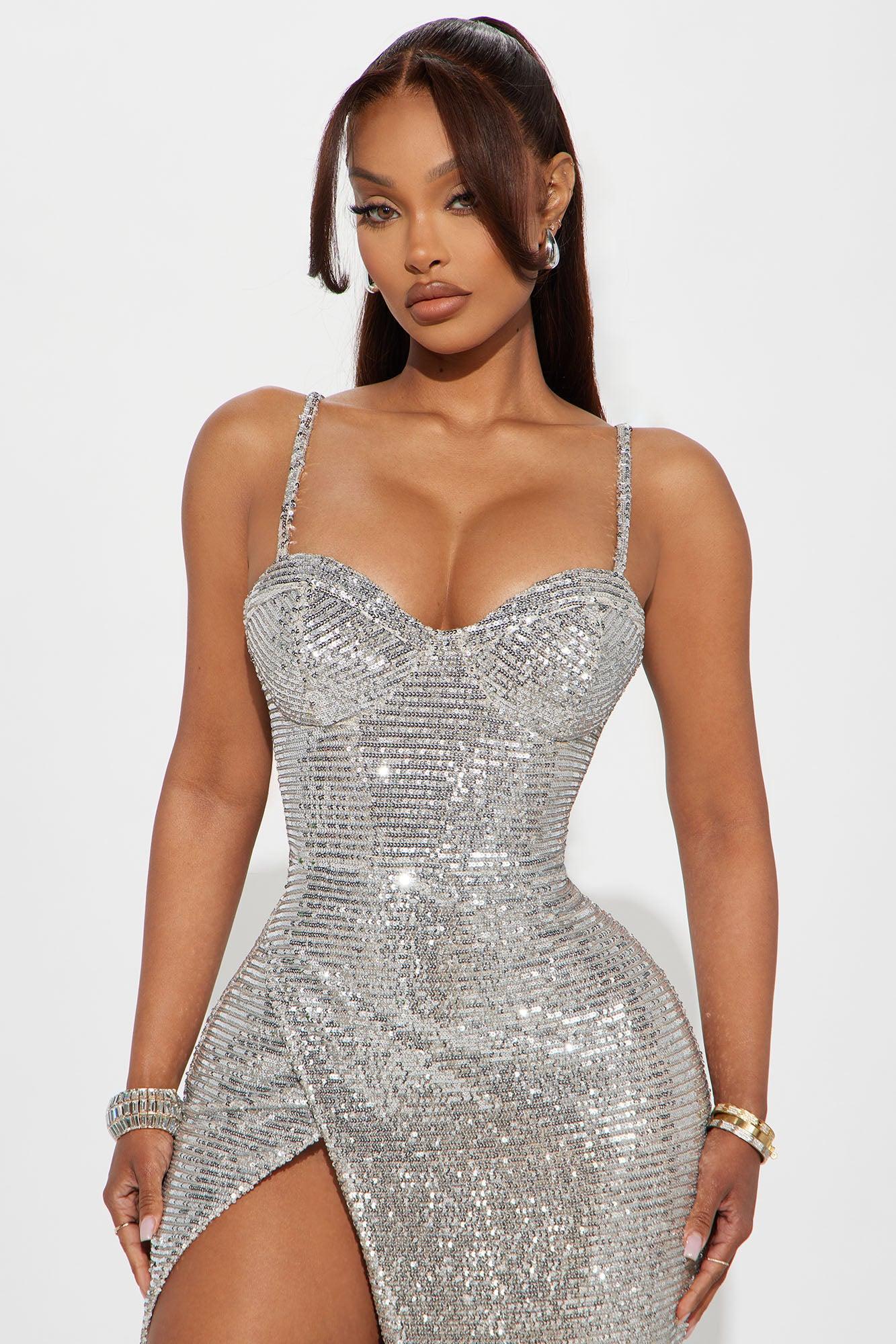 Maria Embellished Sequin Gown - Silver Product Image