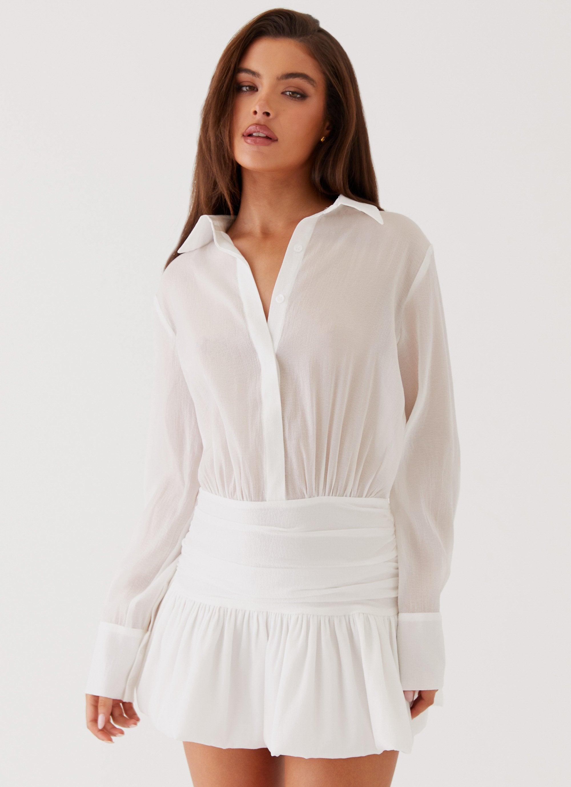 Rae Long Sleeve Shirt Dress - White Product Image