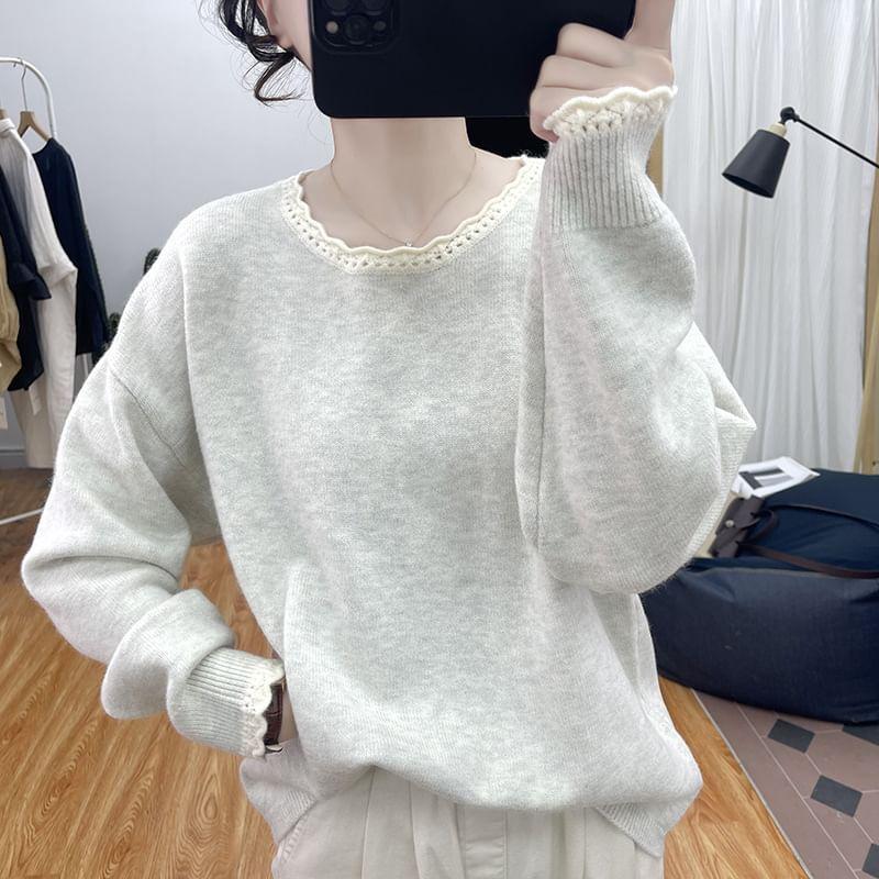 Long-Sleeve Crew Neck Contrast Trim Sweater Product Image