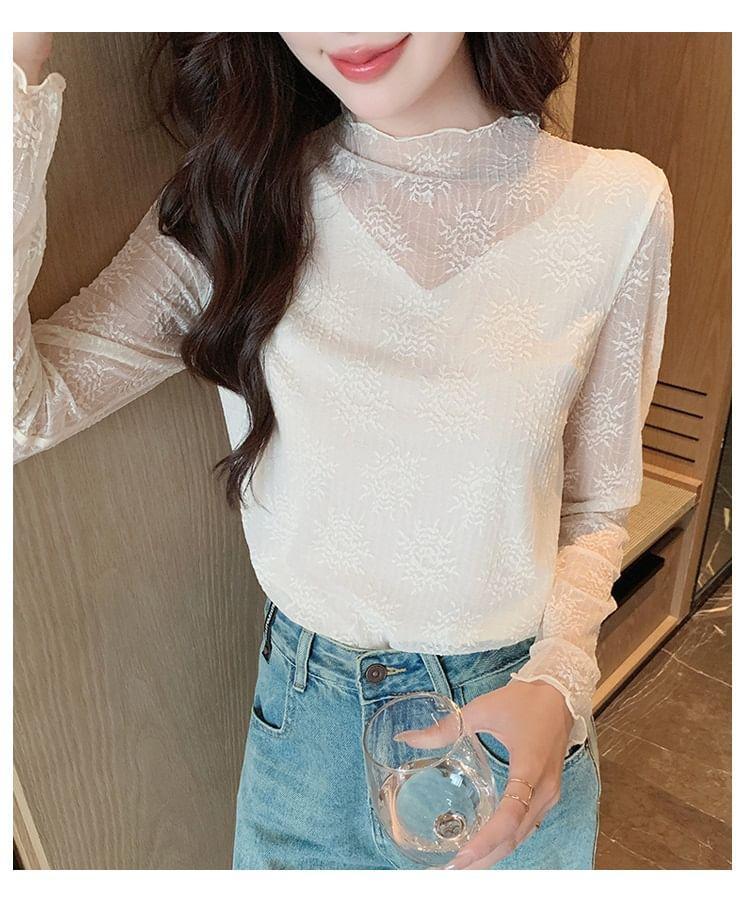 Long-Sleeve Mock Neck Floral Lace Top Product Image