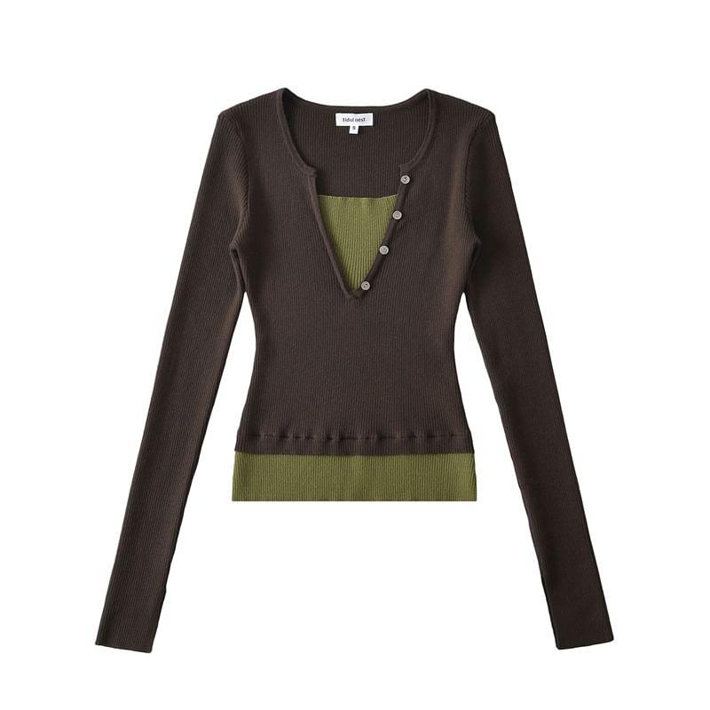 Mock Two-Piece Long-Sleeve V-Neck Two Tone Knit Top Product Image