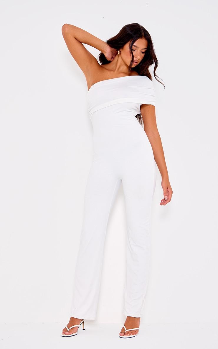 Cream Double Layer Contour Jersey Asymmetric Ruched Detail Jumpsuit Product Image