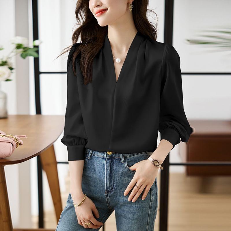 Puff-Sleeve V-Neck Satin Blouse Product Image