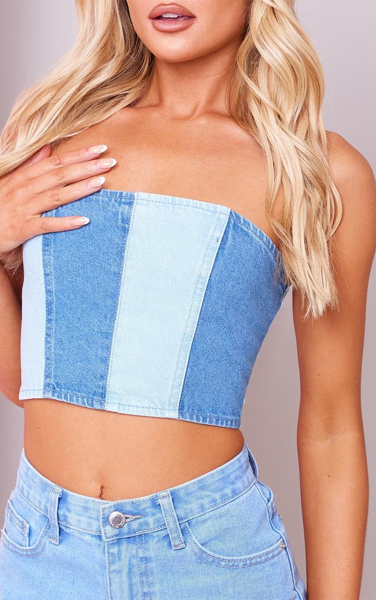 Light Blue Wash Contrast Panelled Denim Bandeau Top Product Image