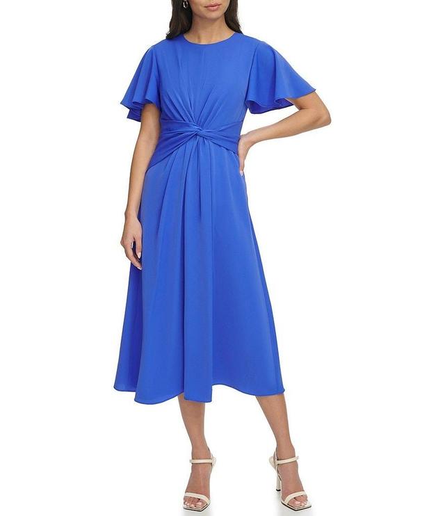 DKNY by Donna Karan Drapey Crepe Crew Neck Short Flutter Sleeve Knot Front Midi Fit and Flare Dress Product Image