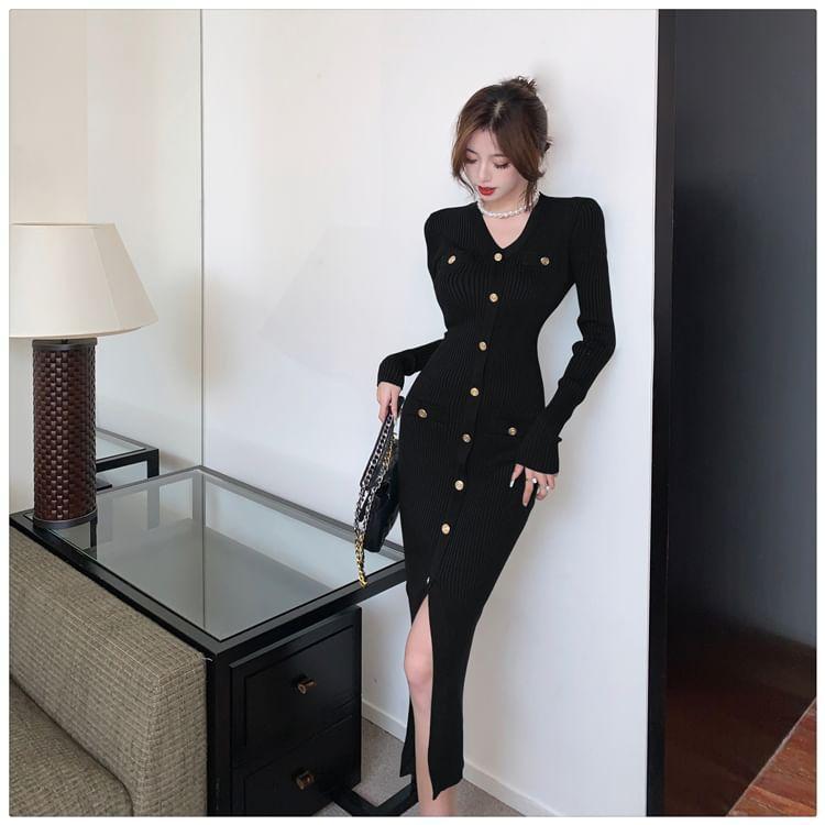 Long-Sleeve V-Neck Plain Button Ribbed Midi Sheath Knit Dress Product Image