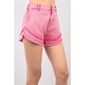 Pink Frayed Layered Washed Cotton Twill Denim Shorts Product Image