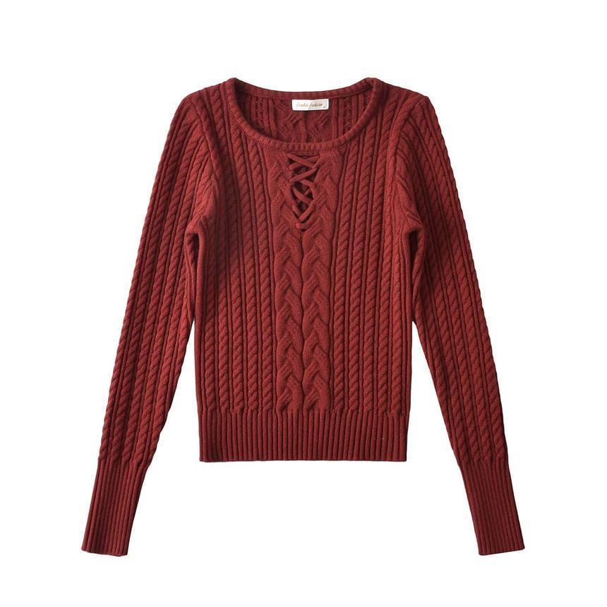 Long Sleeve Crew Neck Cropped Cable Knit Top Product Image