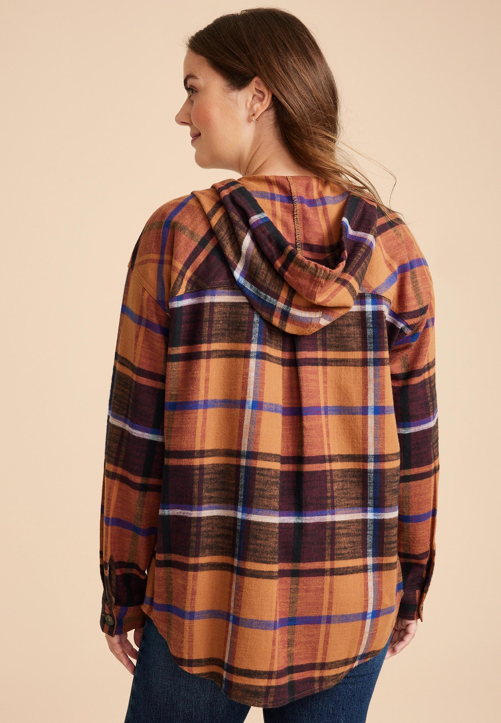 Cabin Plaid Boyfriend Hooded Button Down Shirt Product Image