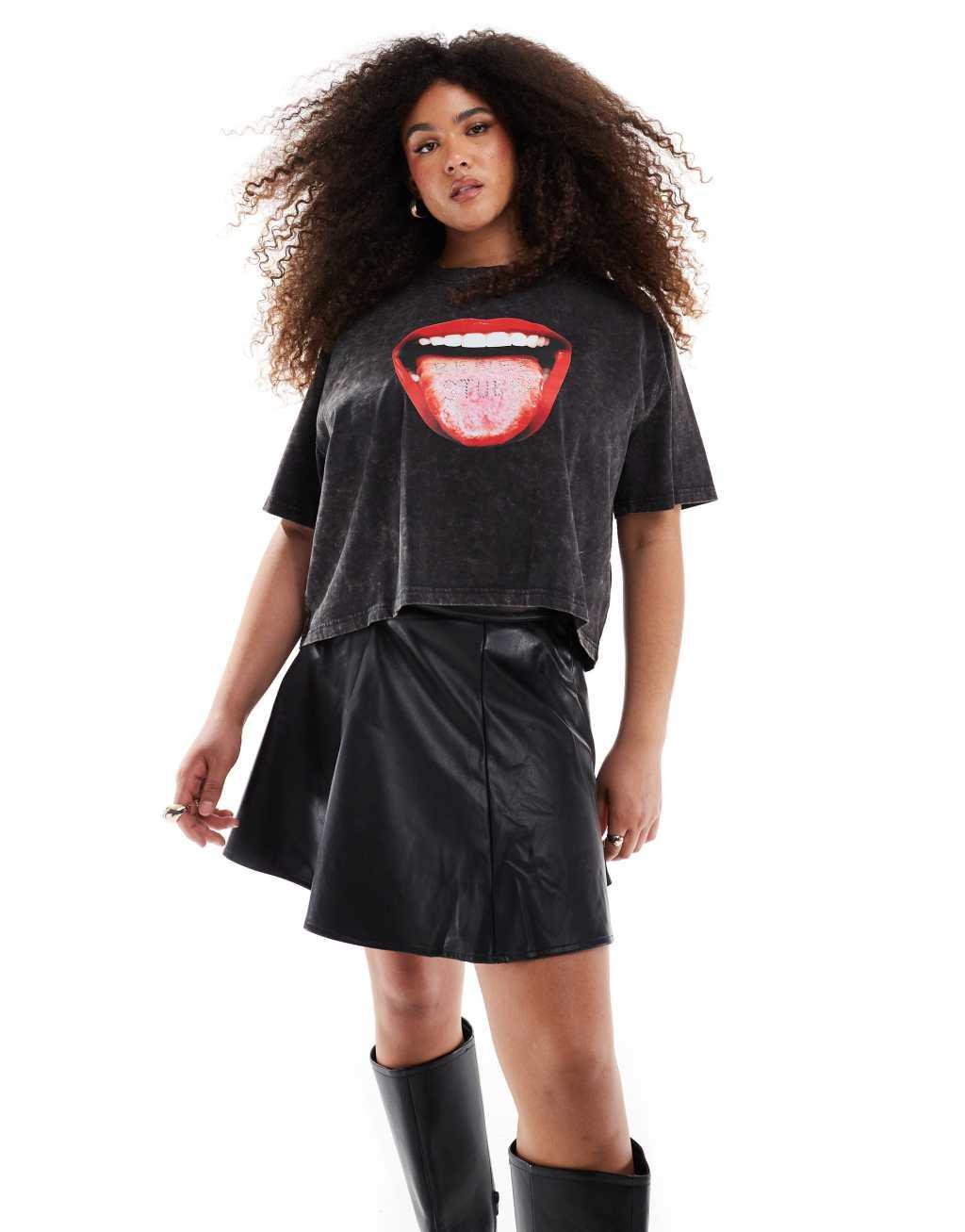 Renee Studio x Michelle Nayla exclusive acid wash hot fix mouth motif t-shirt in gray Product Image