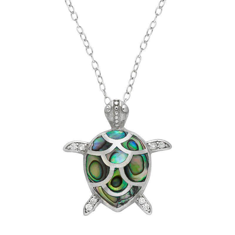 Sterling Silver Abalone & Cubic Zirconia Turtle Pendant Necklace, Womens Green Product Image