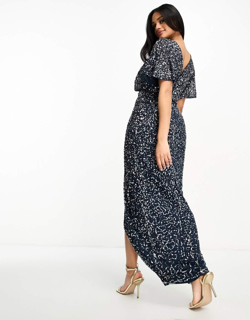 Beauut Bridesmaid embellished maxi wrap dress in navy Product Image