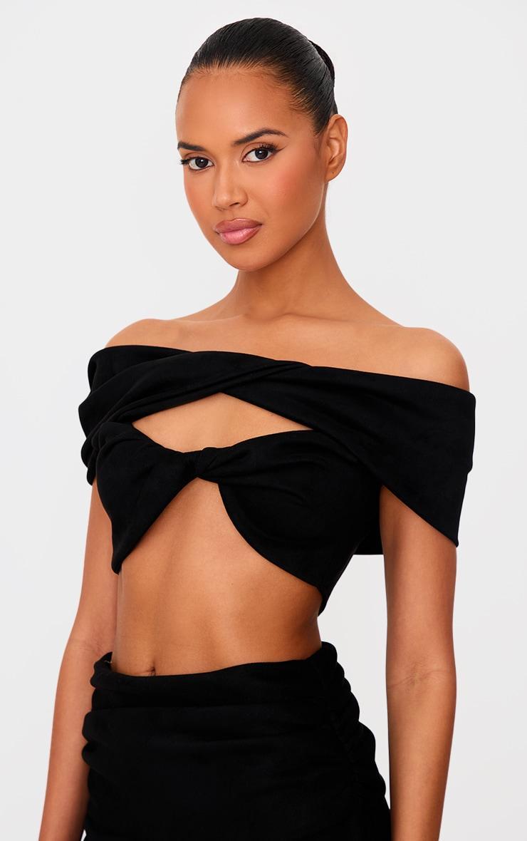 Black Faux Suede Ruched Twist Off The Shoulder Crop Top Product Image