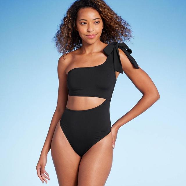 Womens One Shoulder Bow Cut Out One Piece Swimsuit - Shade & Shore Black L Product Image