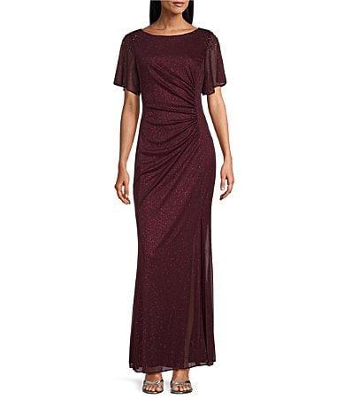 Ignite Evenings Short Sleeve Round Neck Front Slit Glitter Jersey Dress Product Image