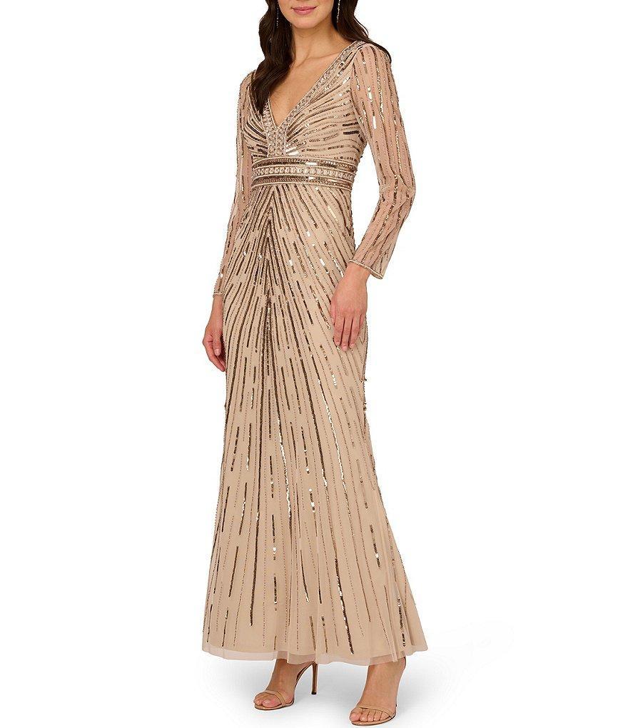 Adrianna Papell Beaded V-Neck Long Sleeve Gown Product Image