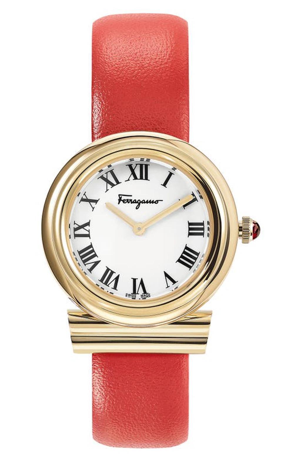 Women's Swiss Gancini Red Leather Strap Watch 38mm In Ip Yellow Gold Product Image