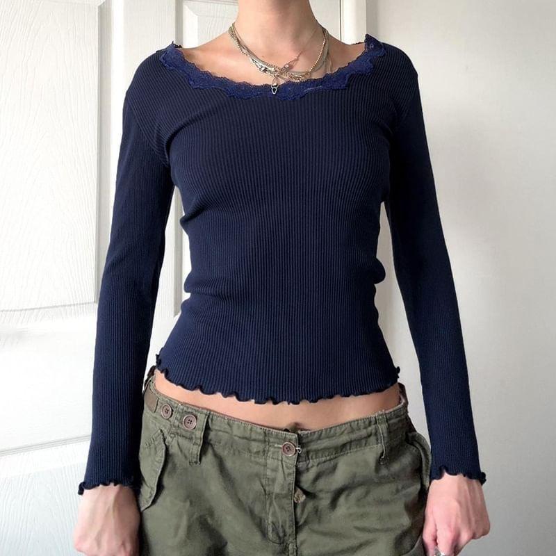 Long Sleeve Lace-Trim Plain Ribbed-Knit Slim-Fit Crop Top Product Image