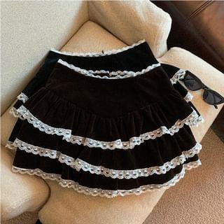 High Rise Tiered Lace Trim Velvet Mini A-Line Skirt Product Image