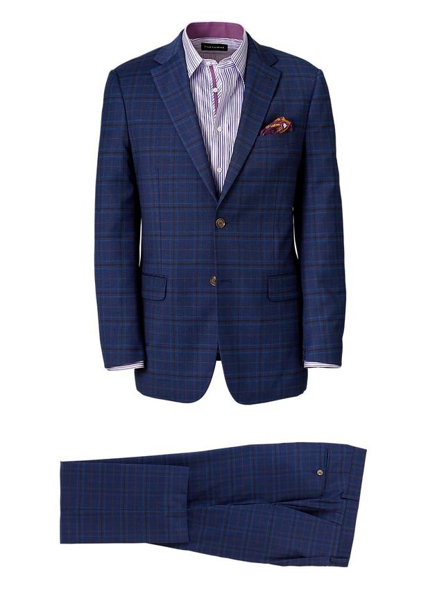 Wool Stretch Plaid Single Breasted Notch Lapel Suit - Blue Product Image