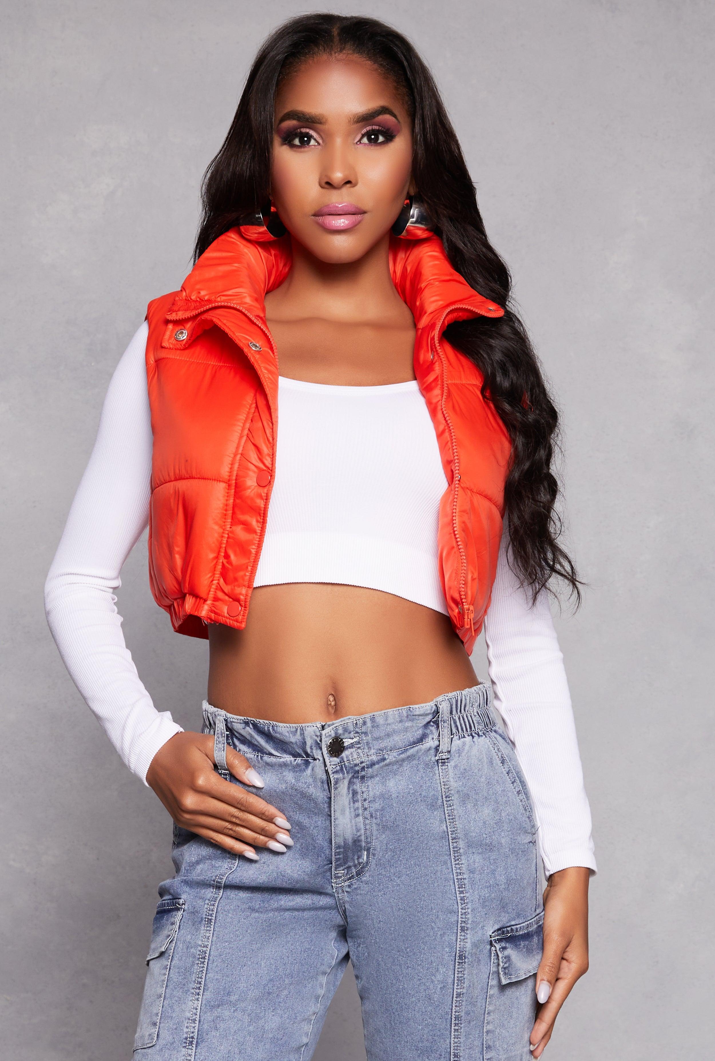 Womens Daisy Snap Button Zip Front Cropped Puffer Vest Product Image