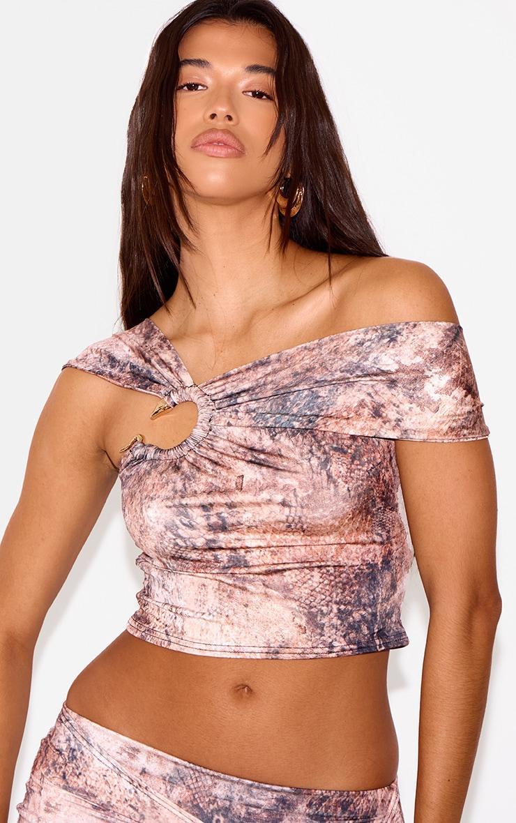 Multi Muted Snake Print One Shoulder Metal Detail Top Product Image