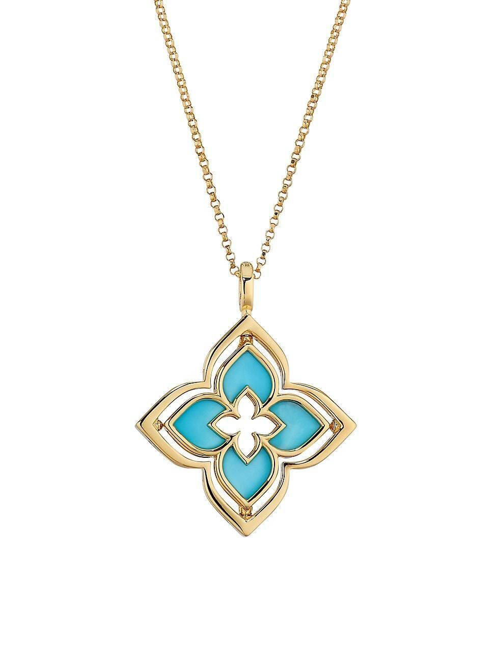 Womens Venetian Princess 18K Yellow Gold, Turquoise & 0.12 TCW Diamond Pirouette Flower Pendant Necklace Product Image