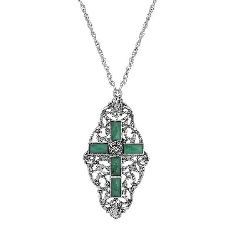 Symbols of Faith Silver Tone Filigree Simulated Crystal Cross Necklace, Womens, Green Product Image