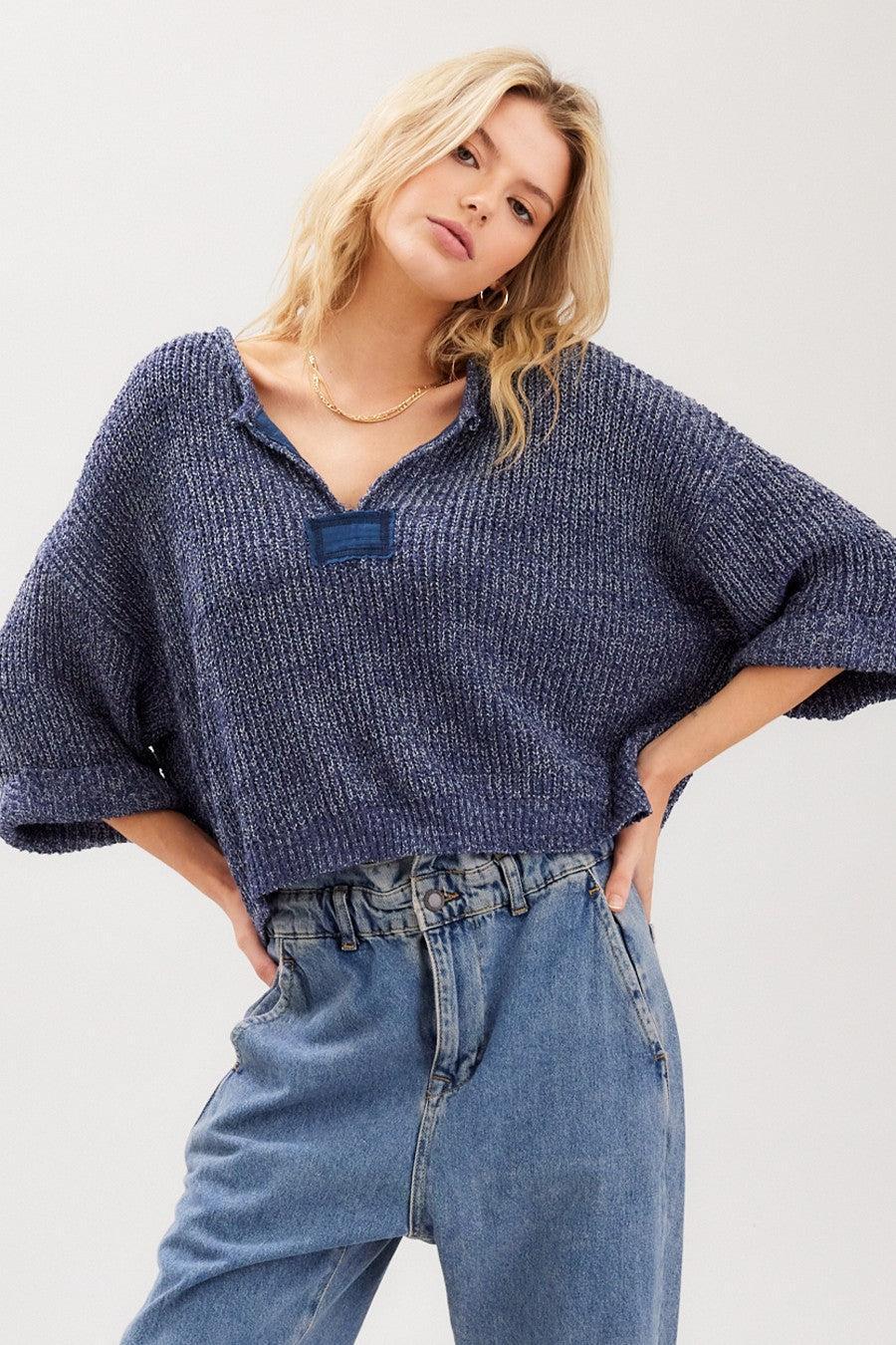 Cropped 3/4 Sleeve Patch Sweater Product Image