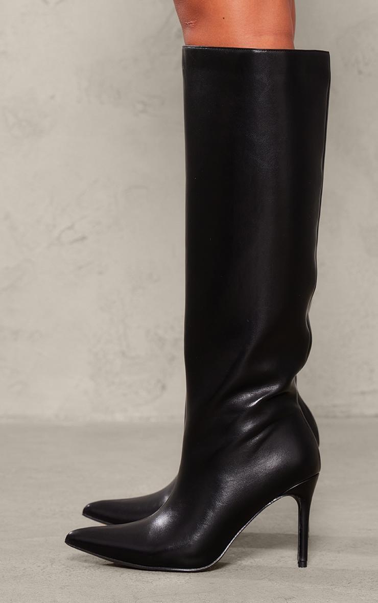 Black Matte Pu Point Toe Knee High Heeled Boots Product Image