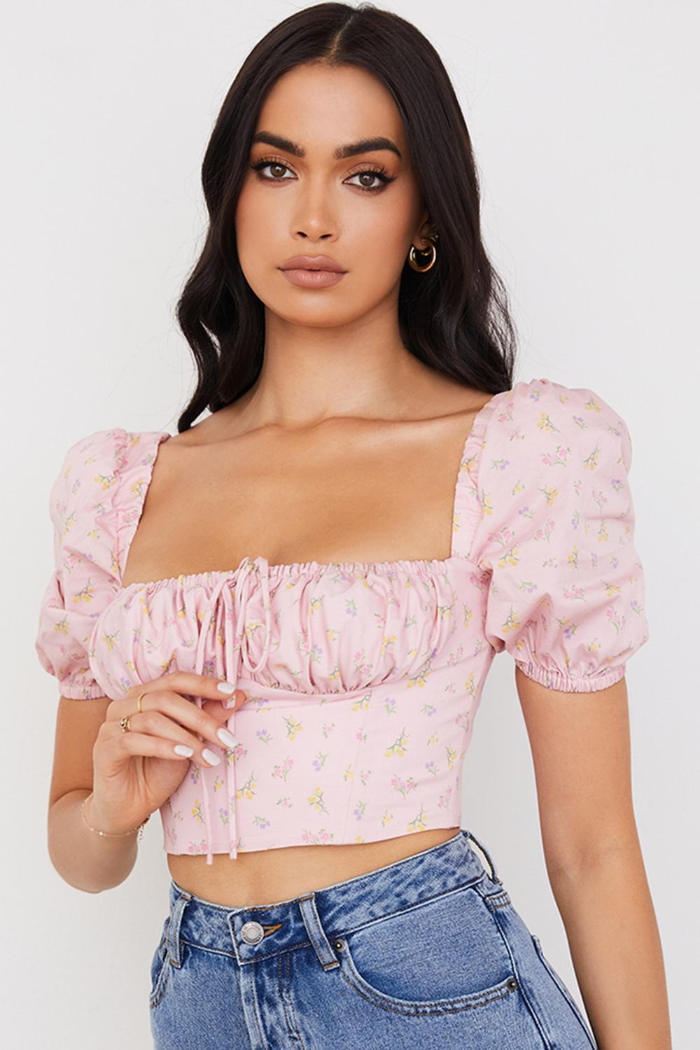 Arianna Pink Floral Puff Sleeve Corset Product Image