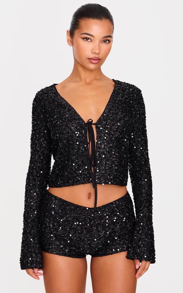 Black Textured Sequin Tie Top Product Image