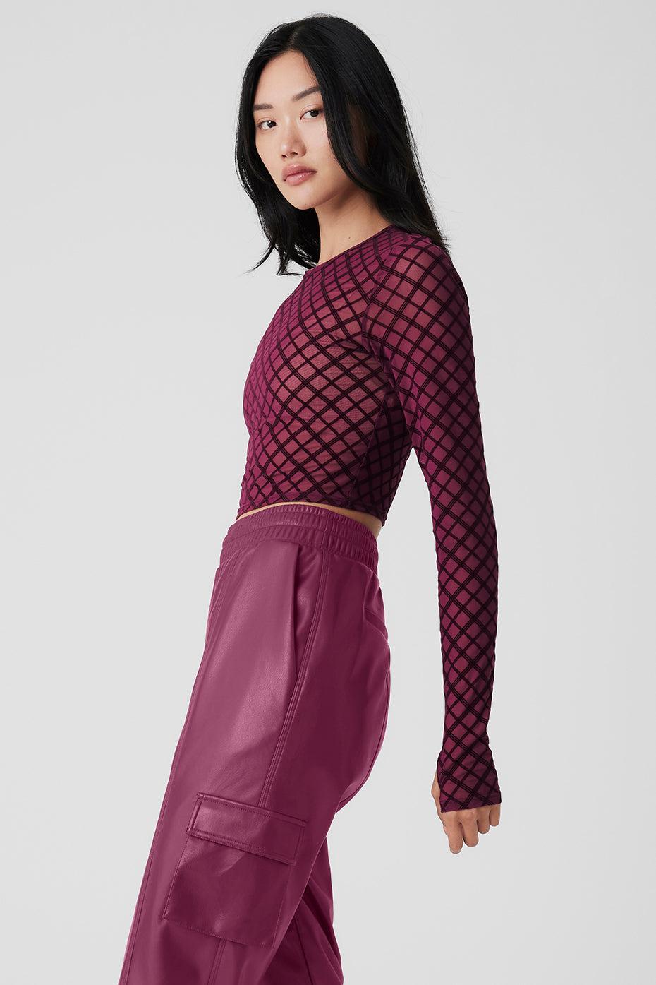 Mesh Plaid Cropped Long Sleeve Top - Wild Berry Female Product Image