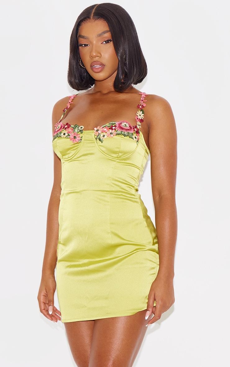 Olive Satin Floral Applique Underwired Strappy Mini Dress Product Image