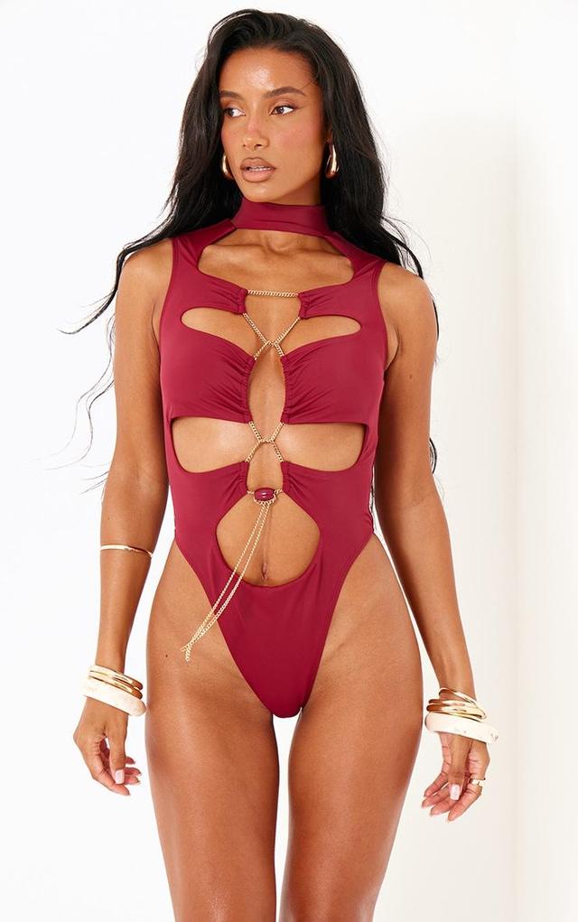 Burgundy Chain Detail Cut Out High Leg Swimsuit Product Image