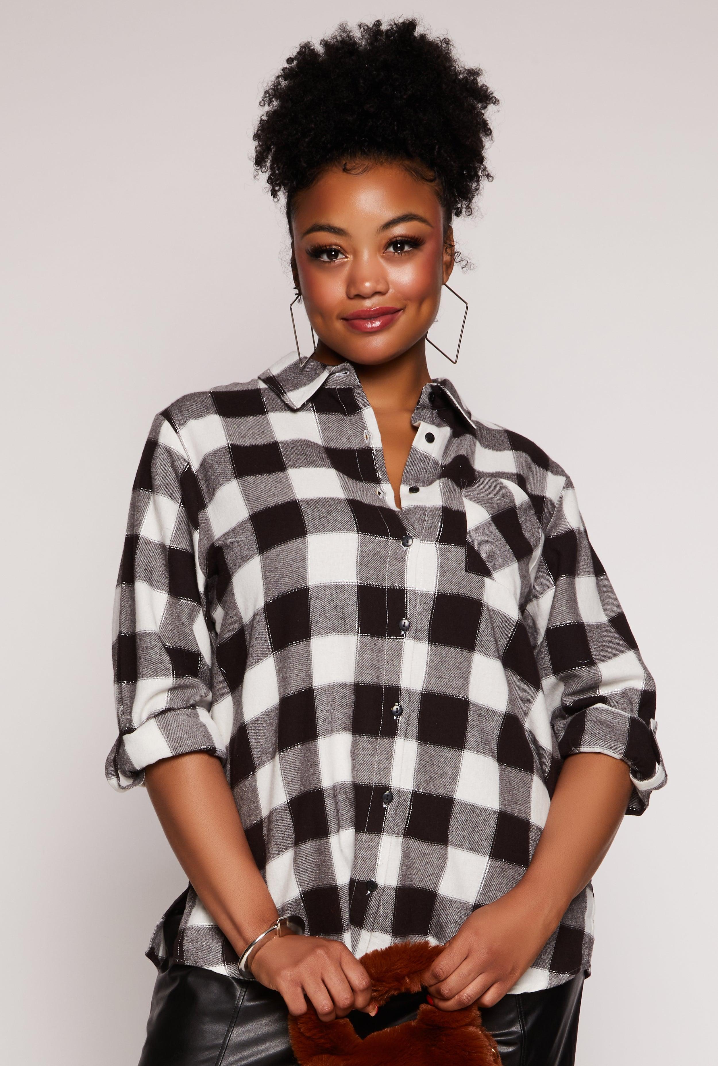 Womens Plus Size Lurex Plaid Tabbed Sleeve Shirt Product Image