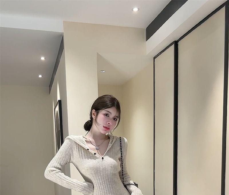 Long-Sleeve Half Buttoned Plain Knit Maxi A-Line Dress Product Image