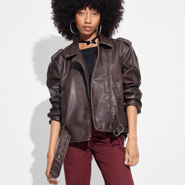 Womens Faux Leather Oversized Moto Jacket - Wild Fable Brown M Product Image