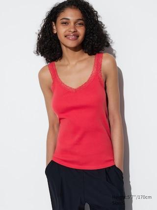 Womens 2-Way Stretch Ribbed Lace Tank Top Red 2XL UNIQLO US Product Image