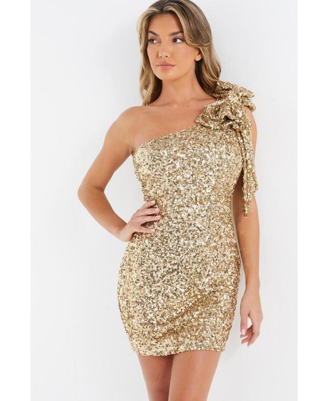 Quiz Womens Bow One-Shoulder Sequin Bodycon Dress Product Image